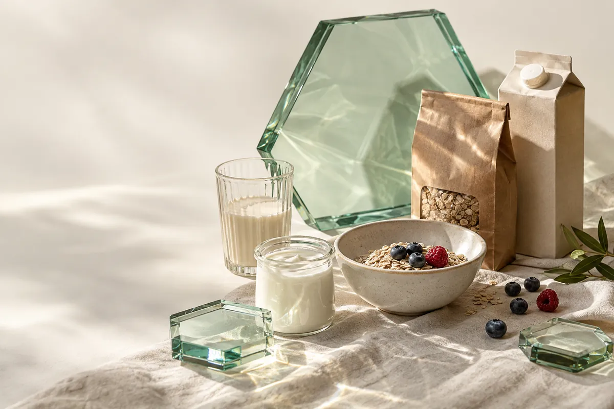 Breakfast with yogurt, cereals and a drink beside green glass hexagons.
