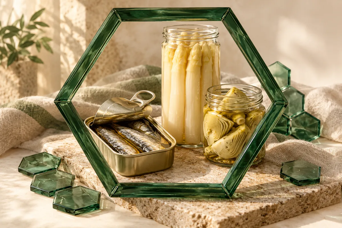 Conservas de sardinas, espárragos y alcachofas junto a un hexágono de cristal.