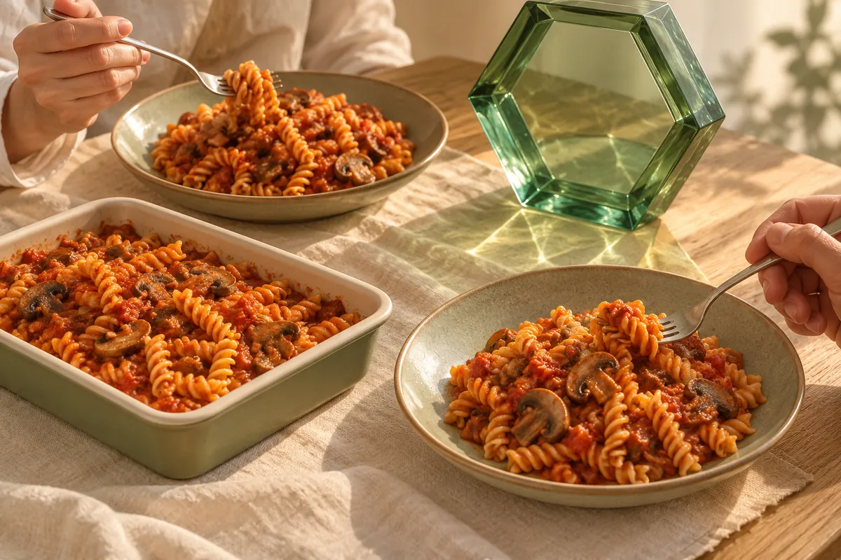 Hands sharing pasta with mushrooms and tomato beside a glass hexagon.